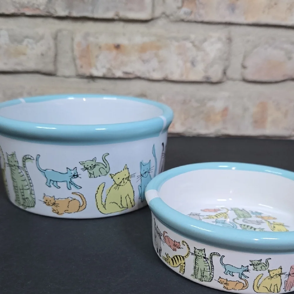 Stoneware Ceramic Cat Print Water and Food Bowl Dishes - NEW